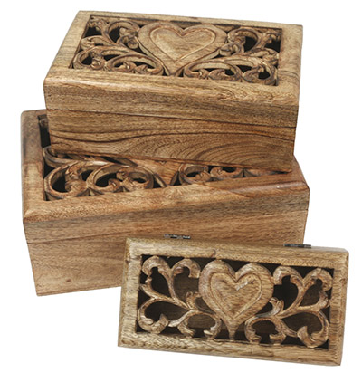 Mango Wood Set of 3 Oblong Boxes Heart Carvings Design - Click Image to Close